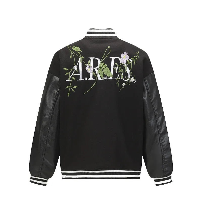 Men's American retro solid colour polyester coat with plant flower embroidery, loose fit, side seam pockets, available in black and apricot