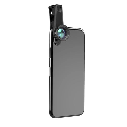 Black 6-in-1 smartphone camera lens kit with fisheye, wide-angle, macro, telephoto, CPL, and star filters next to universal clip.
