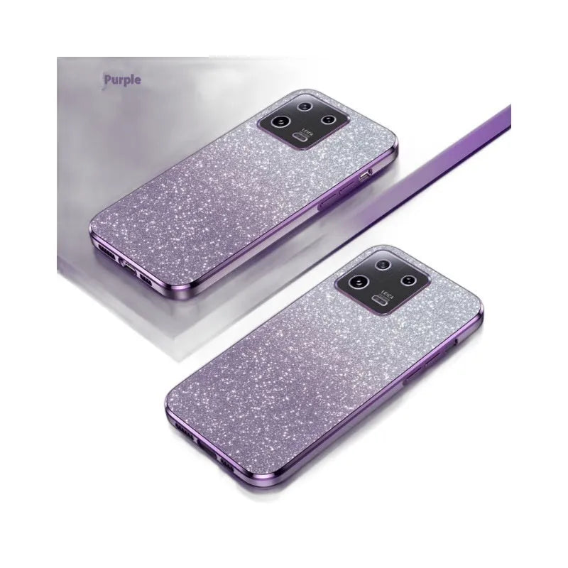 Gradient glitter electroplating phone case for Xiaomi showing purple colour with fine holes