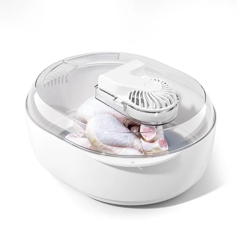 Aluminium food defrosting plate on a kitchen countertop, shown with a USB cable