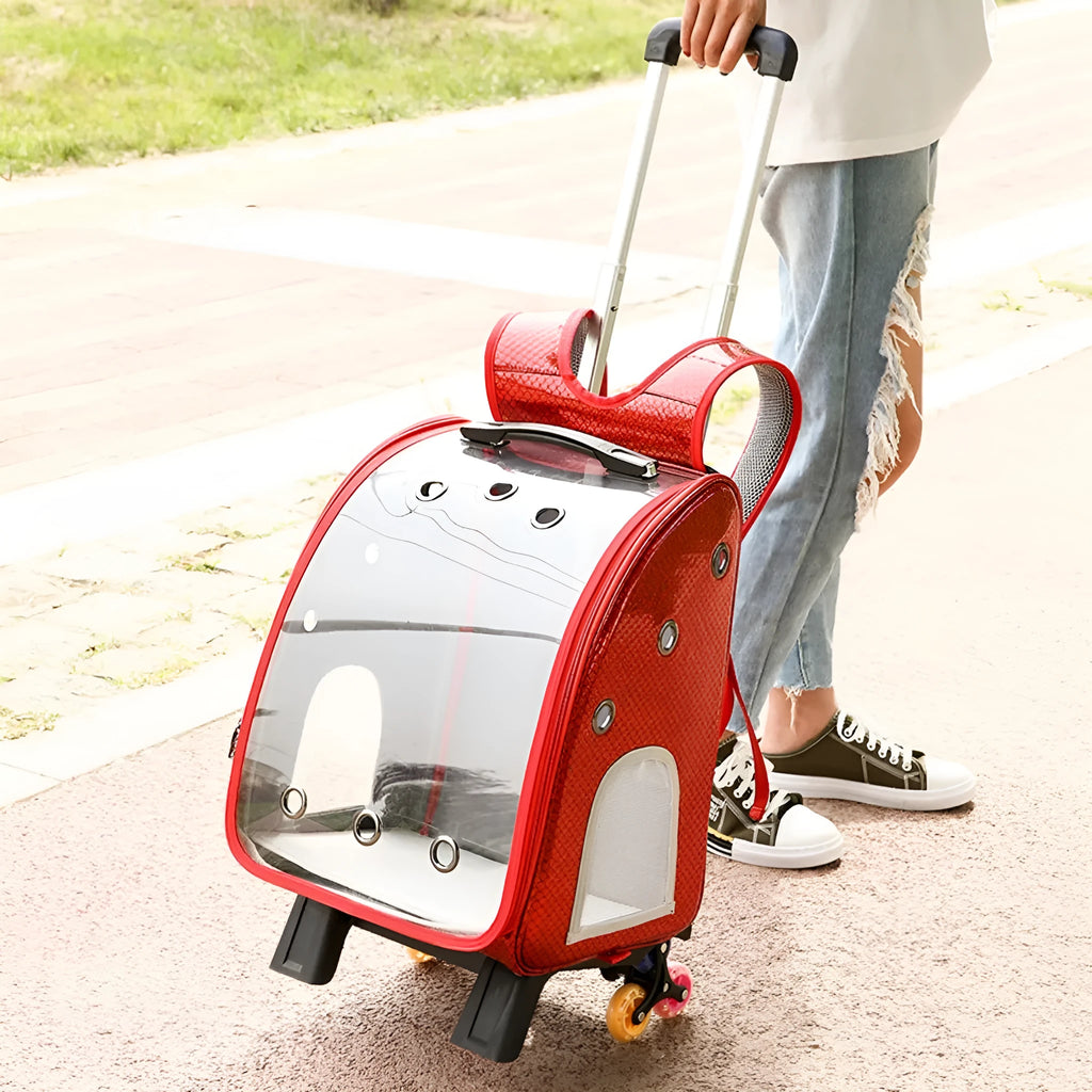 Blue transparent folding pet trolley bag with Oxford cloth backpack for small dogs.