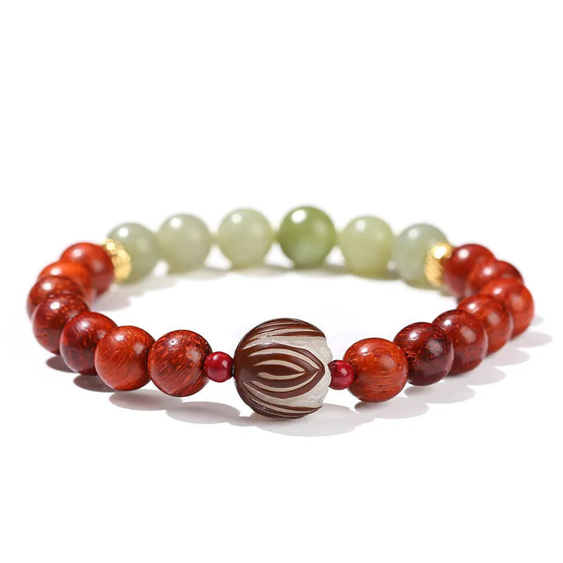 Red Rosewood and grey jade bead bracelet with Bodhi Lotus design, Chinese style for women.