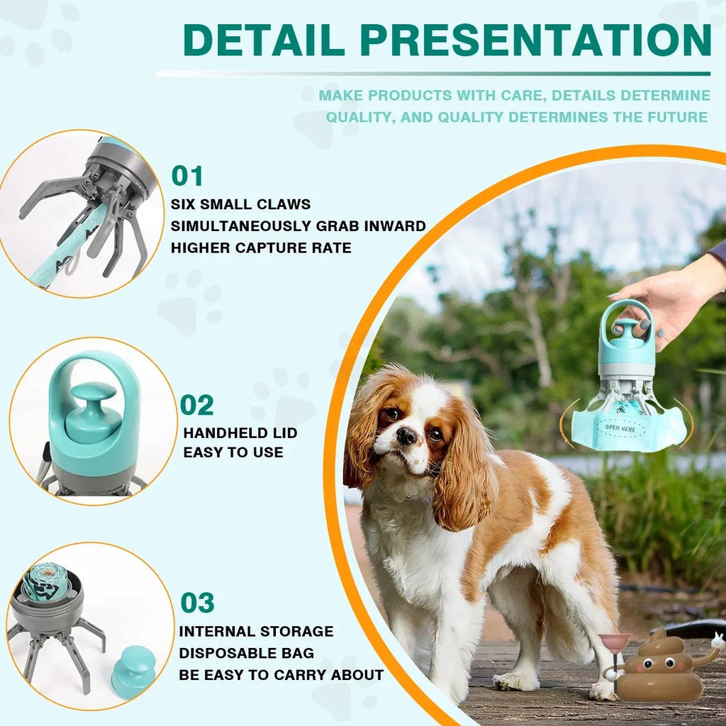 Blue portable pet pooper scooper with claw mechanism and built-in bag dispenser.