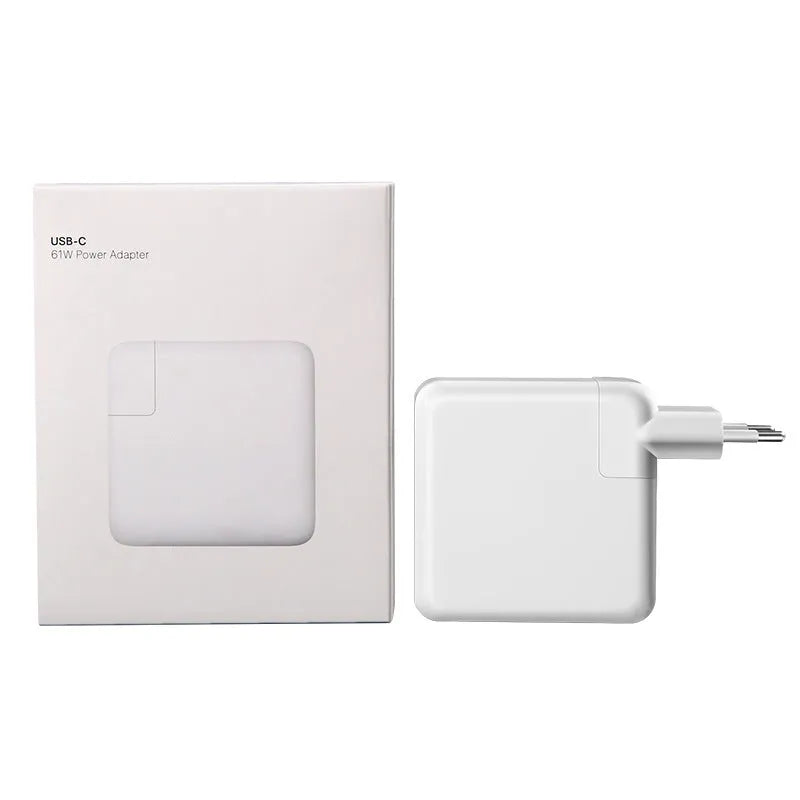 61W USB-C laptop charger with international UK EU US AU plugs measuring 7x7x3cm
