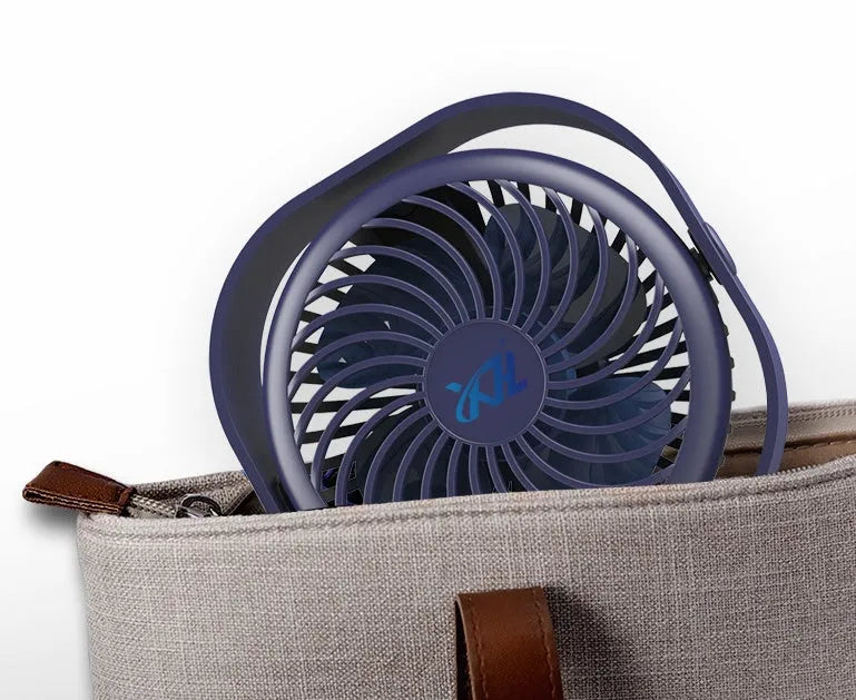 USB desk fan with rotating head in blue colour, showing rotary switch and compact square design.