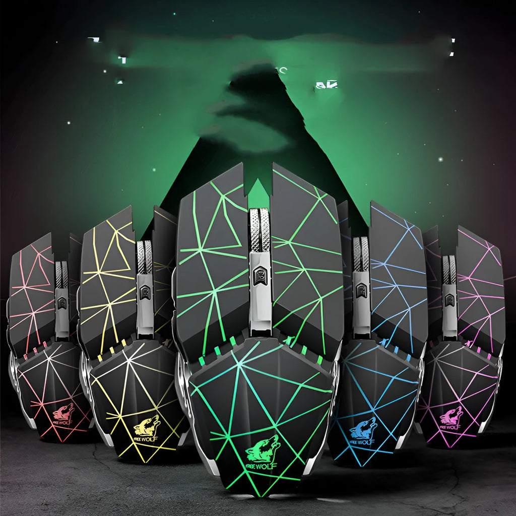 Black rechargeable wireless gaming mouse with six buttons on a desk.