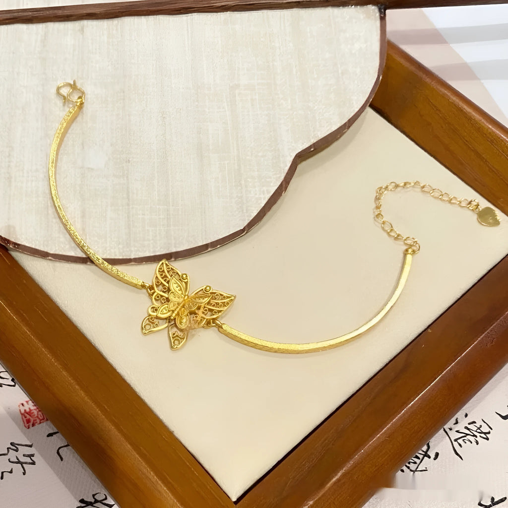 Women's copper half bracelet with ancient silk butterfly and hemp pattern, electroplated finish