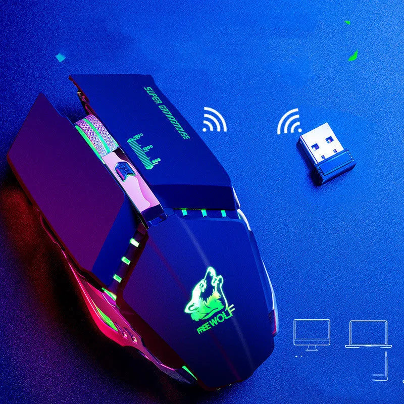 Black rechargeable wireless gaming mouse with six buttons on a desk.