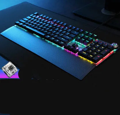 F2088 wired USB mechanical keyboard in black and cyan blue with hand rest on desk