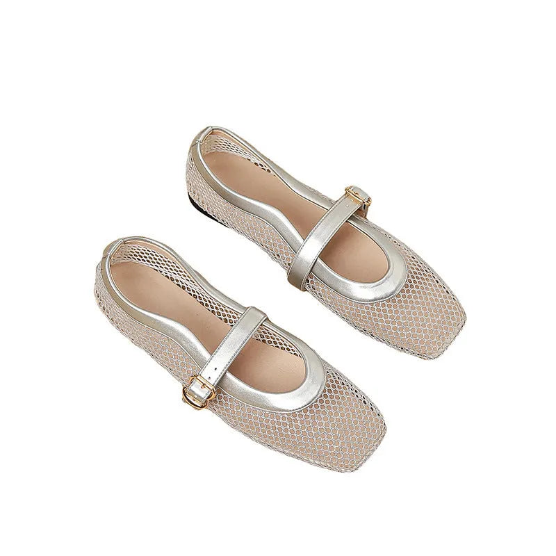 Women's beige mesh flat-heel pump with a square toe and buckle fastening.