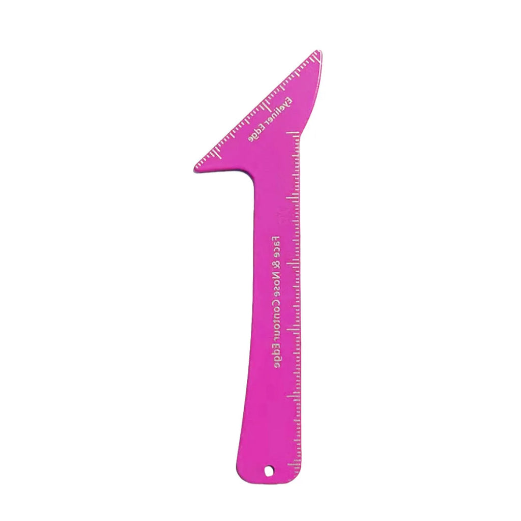 Three reusable plastic makeup stencils for creating winged eyeliner, eyebrow arches, and nose contour on pink background.