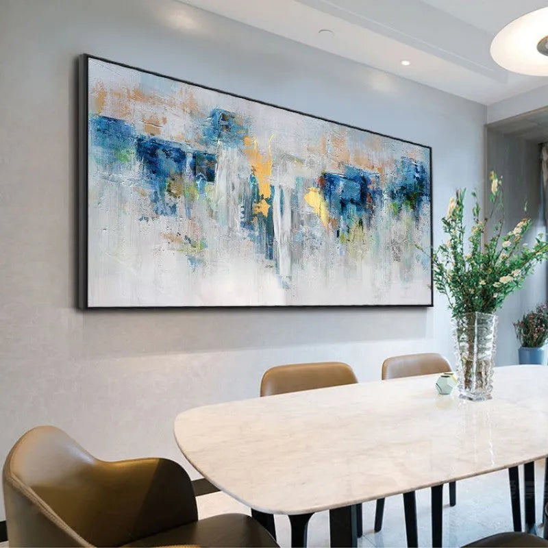 Handmade modern abstract oil painting on canvas blue and gold horizontal landscape frameless unstretched rolled