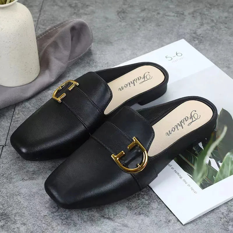 Women's PVC closed toe half slippers with buckle fastening in white, black and brown colours