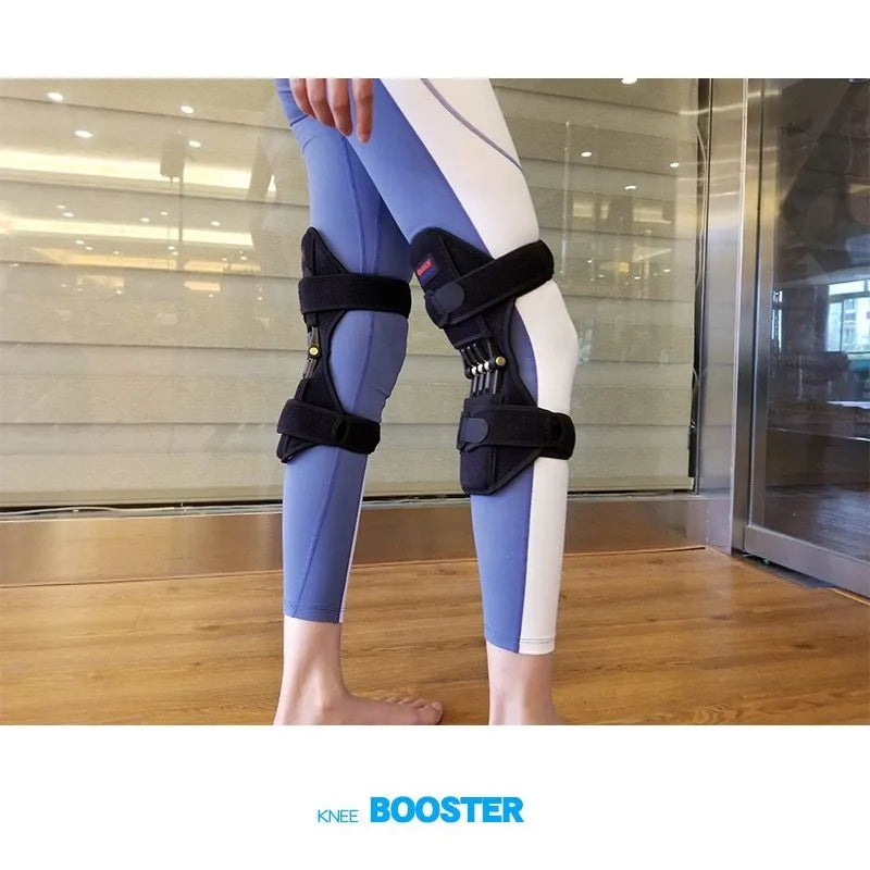Adjustable knee brace with patella booster spring system for mountaineering and sports support