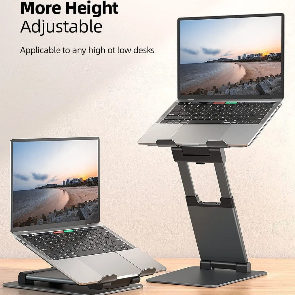 Aluminum alloy laptop bracket with adjustable base and 360-degree rotation on a desk