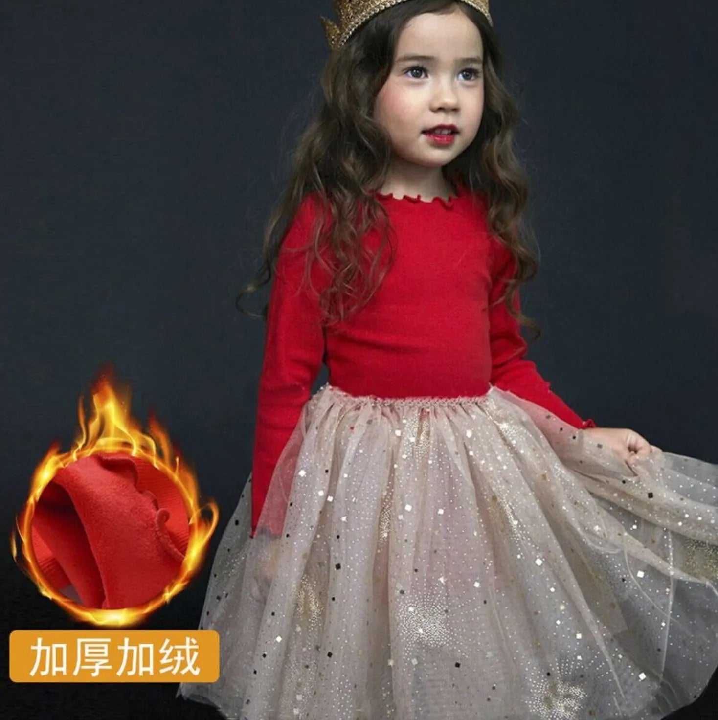 Red cotton children's Christmas dress with long princess sleeves, lace detailing, and bow accents for ages 3-8