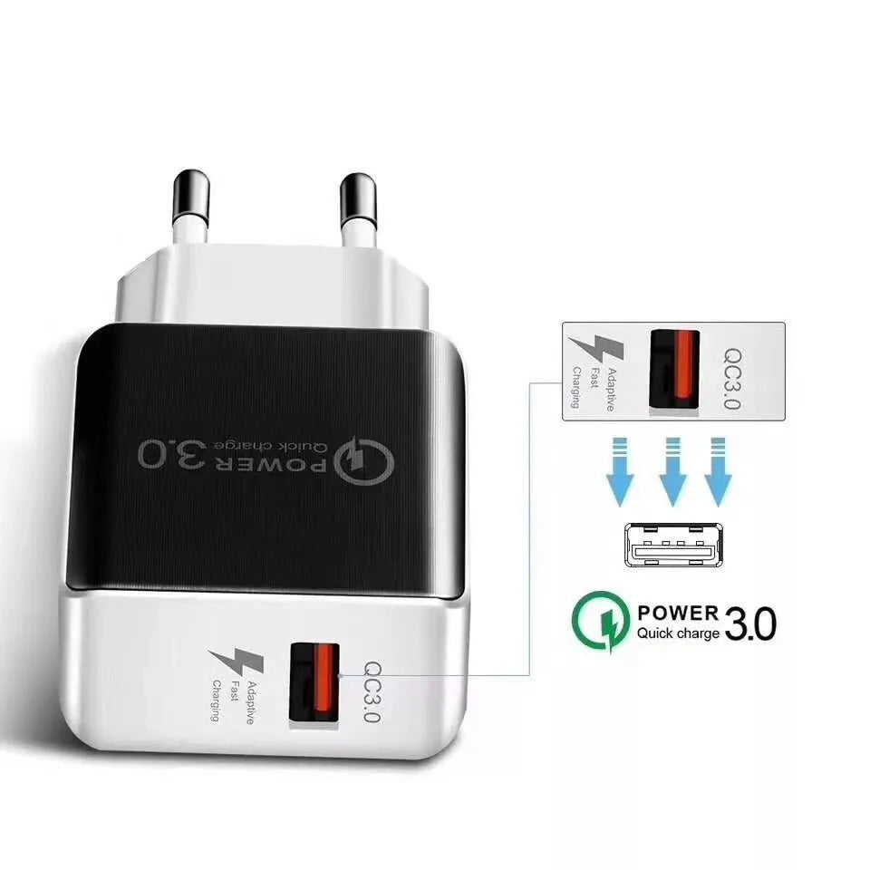 QC30 5V3A USB charger head with bare metal finish, black American standard plug, single USB port