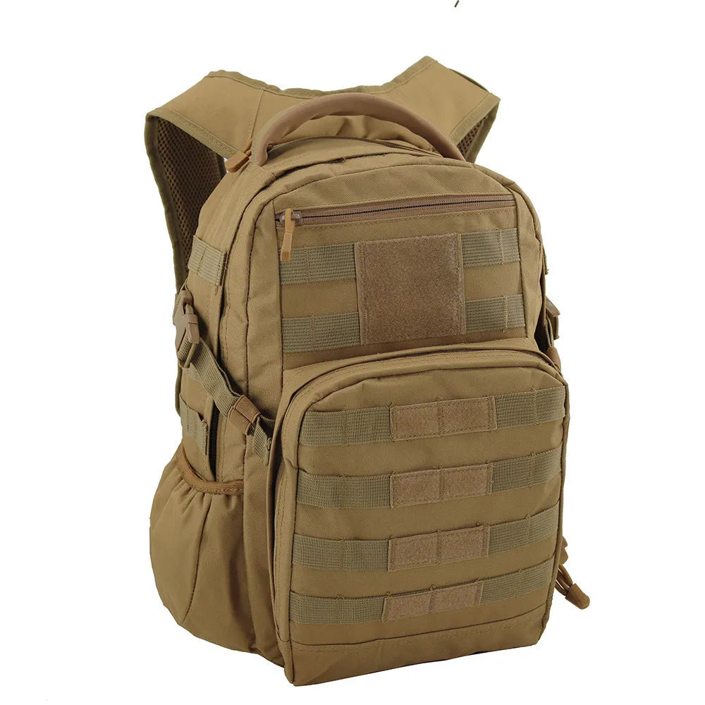 Military style tactical assault backpack in oxford fabric, shown in available colours including CP camouflage