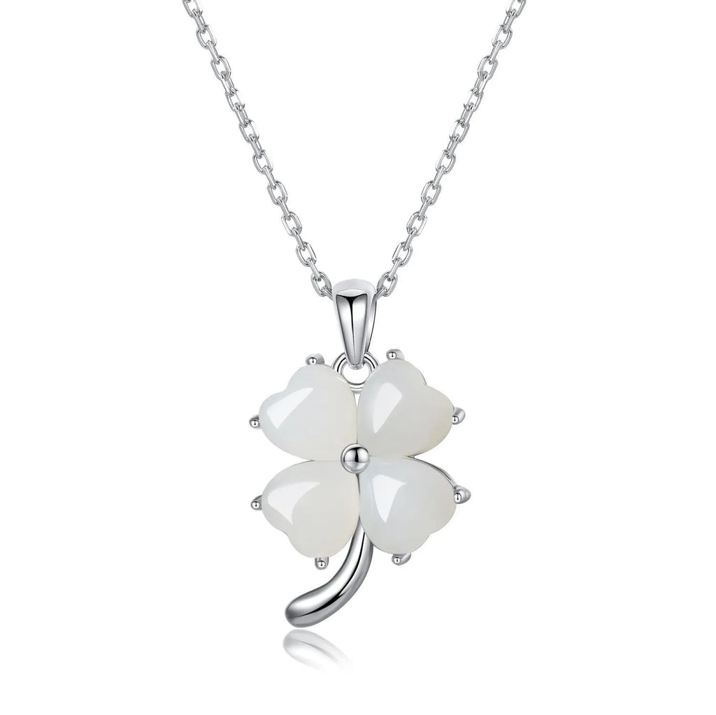 S925 sterling silver four-leaf clover necklace with Hetian jade leaf pendant and O-shaped chain in gold or white gold colour