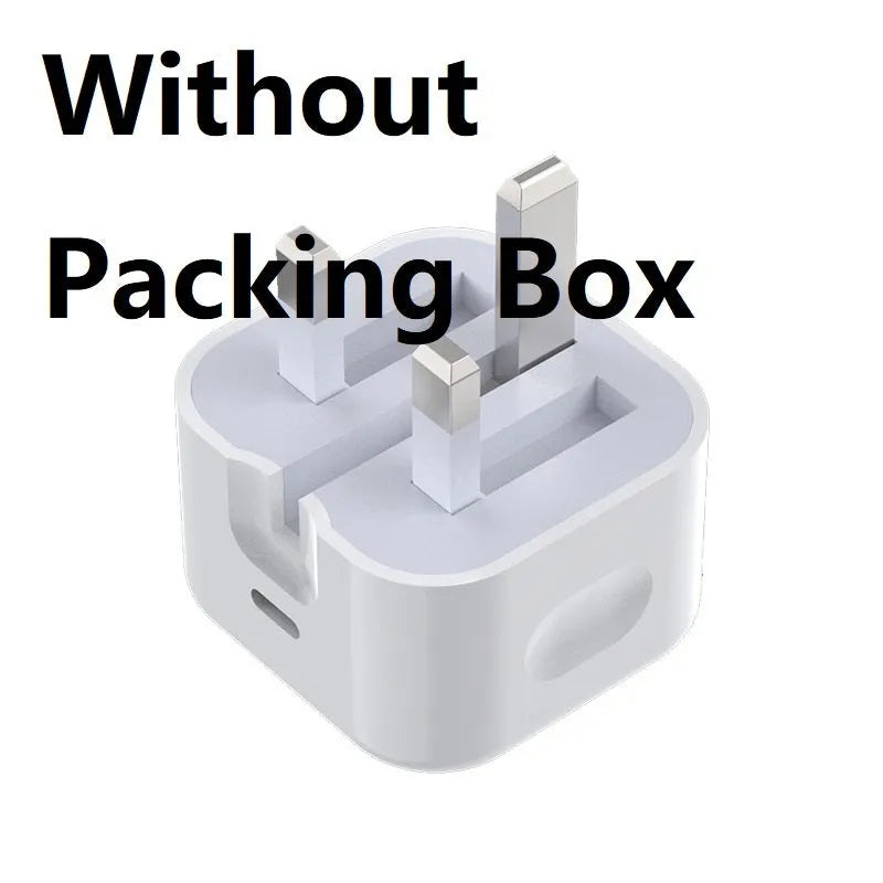 White 20W PD fast charger with UK plug and a USB Type-C charging cable.