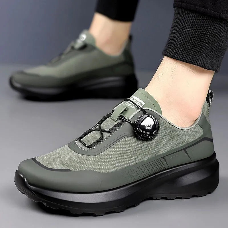 Men's black rotating button casual sneakers with thick platform sole and mesh lining