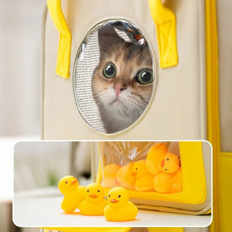 Large capacity breathable canvas pet backpack, 30x20x41cm, canvas leather mesh, two styles including five little yellow ducks