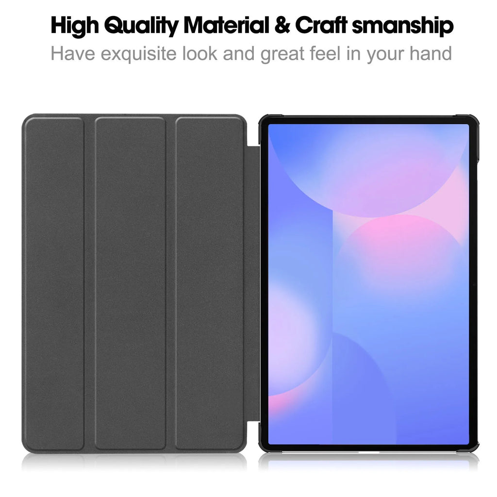 Samsung Tab S10 FE Plus 13.1-inch tri-fold hard protective case in black with integrated kickstand open.