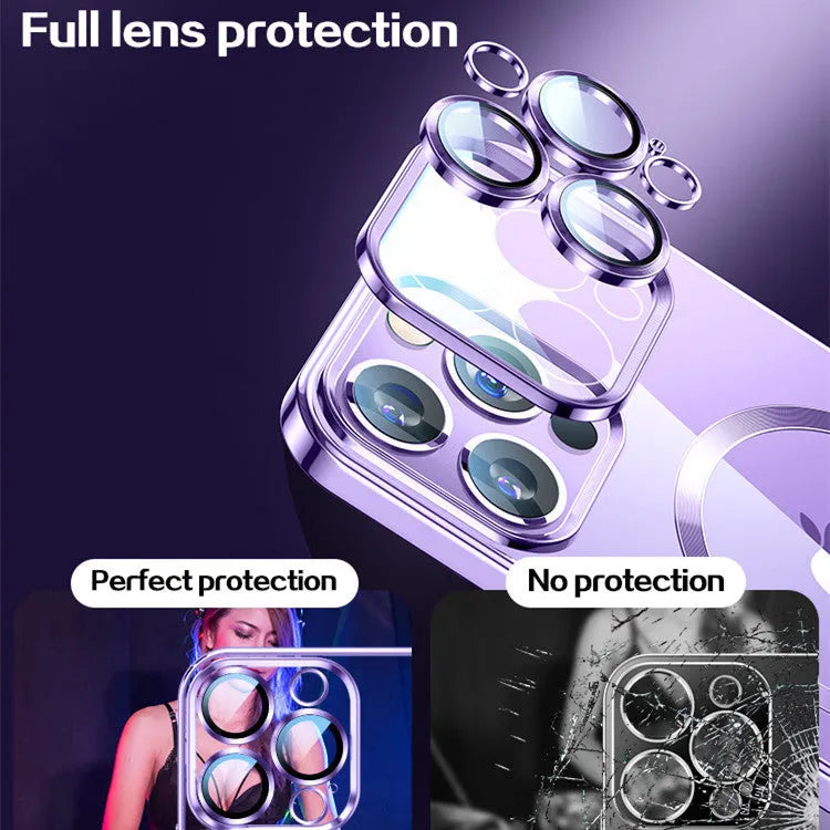 Wireless magnetic charging TPU phone case with electroplated finish for iPhone 11-14 series in dark purple.