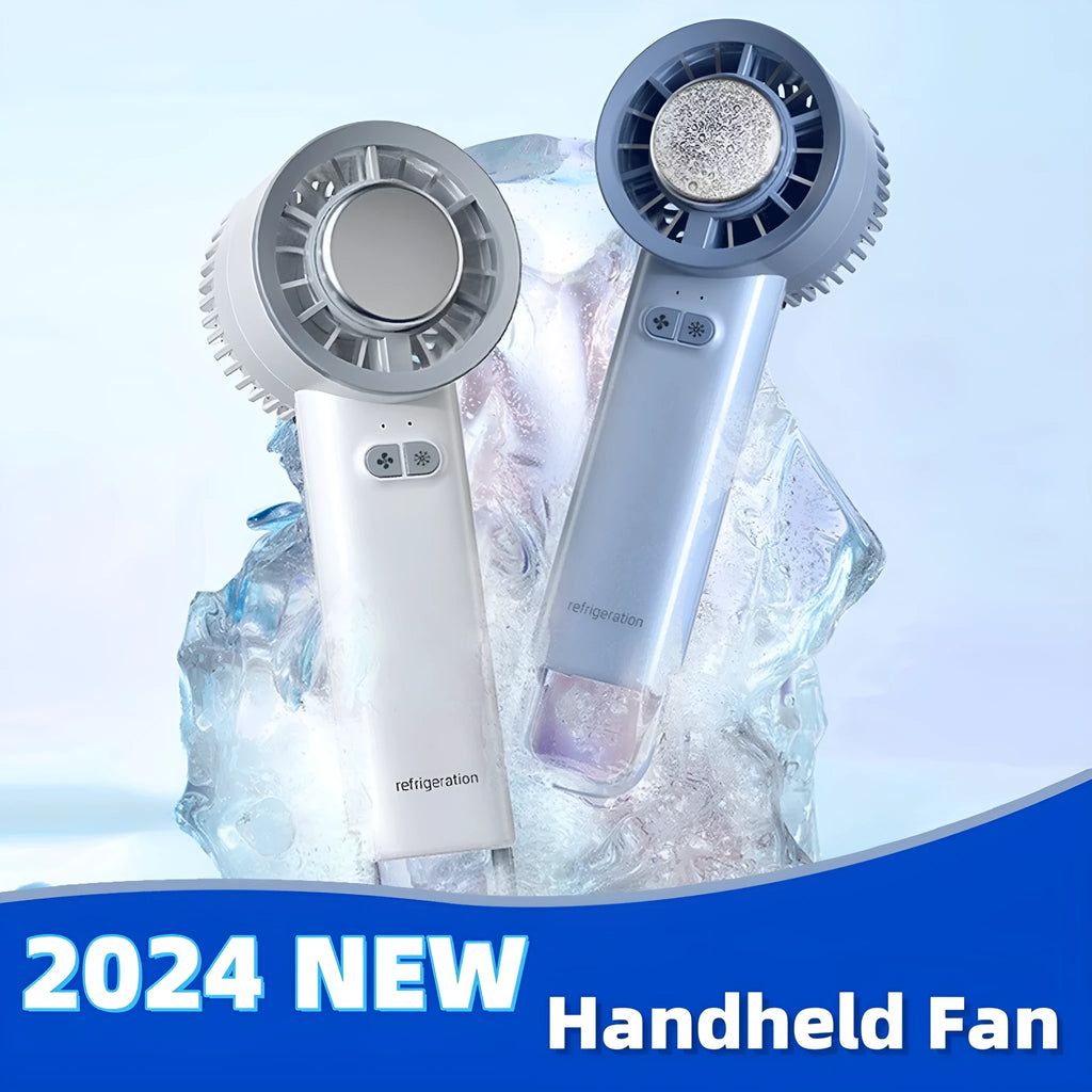 White handheld turbo jet fan with touch controls showing three speed settings and ice cooling function