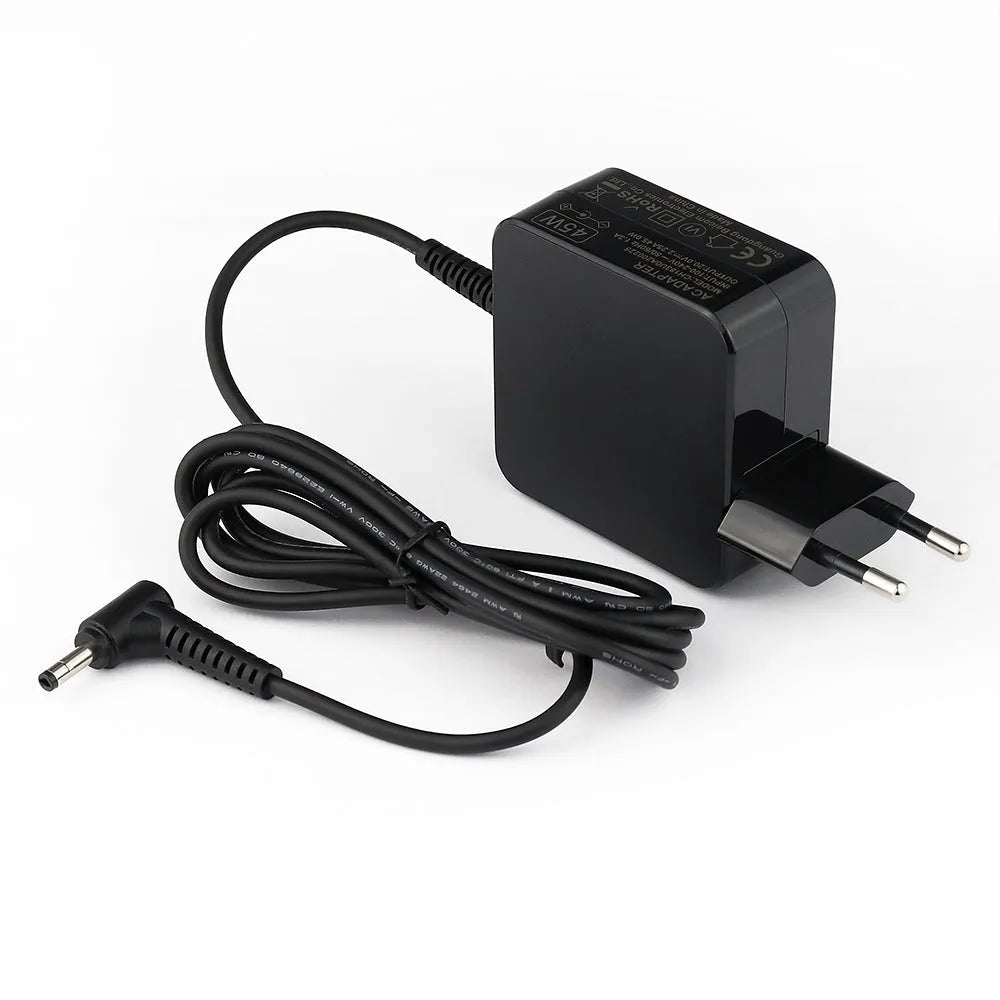 Black 45W laptop power adapter with EU and US plug attachments and a DC charging cable.