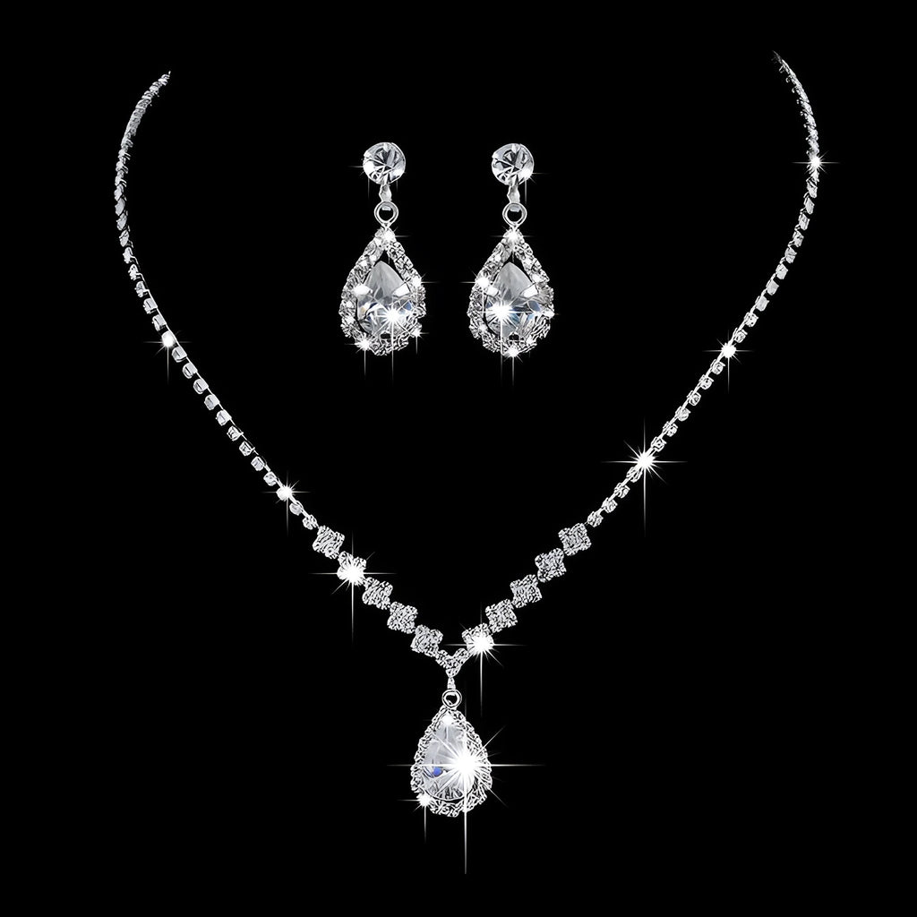 Silver alloy water drop zircon pendant necklace with rhinestone accents and matching earrings two piece set