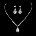 Silver alloy water drop zircon pendant necklace with rhinestone accents and matching earrings two piece set