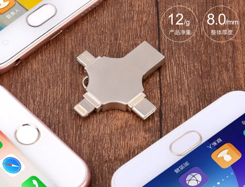 Silver metal 4-in-1 USB 3.0 flash drive with iOS, Micro USB, Type-C, and USB connectors for mobile phone and computer data transfer