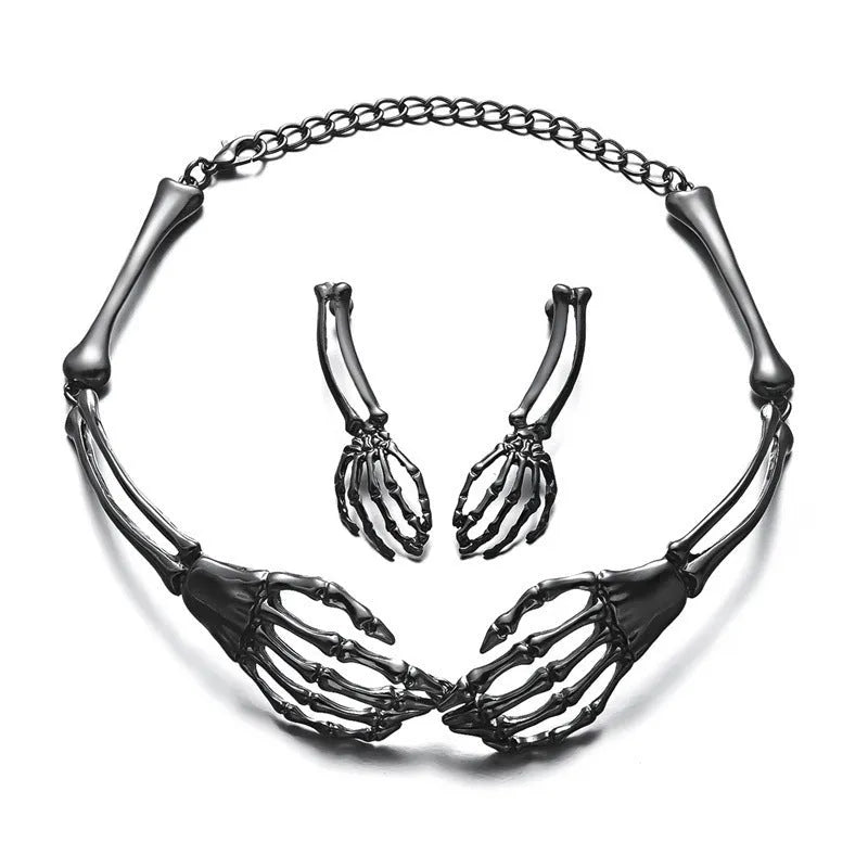 Skull and ghost claw necklace and earrings set in dark style electroplated alloy jewellery