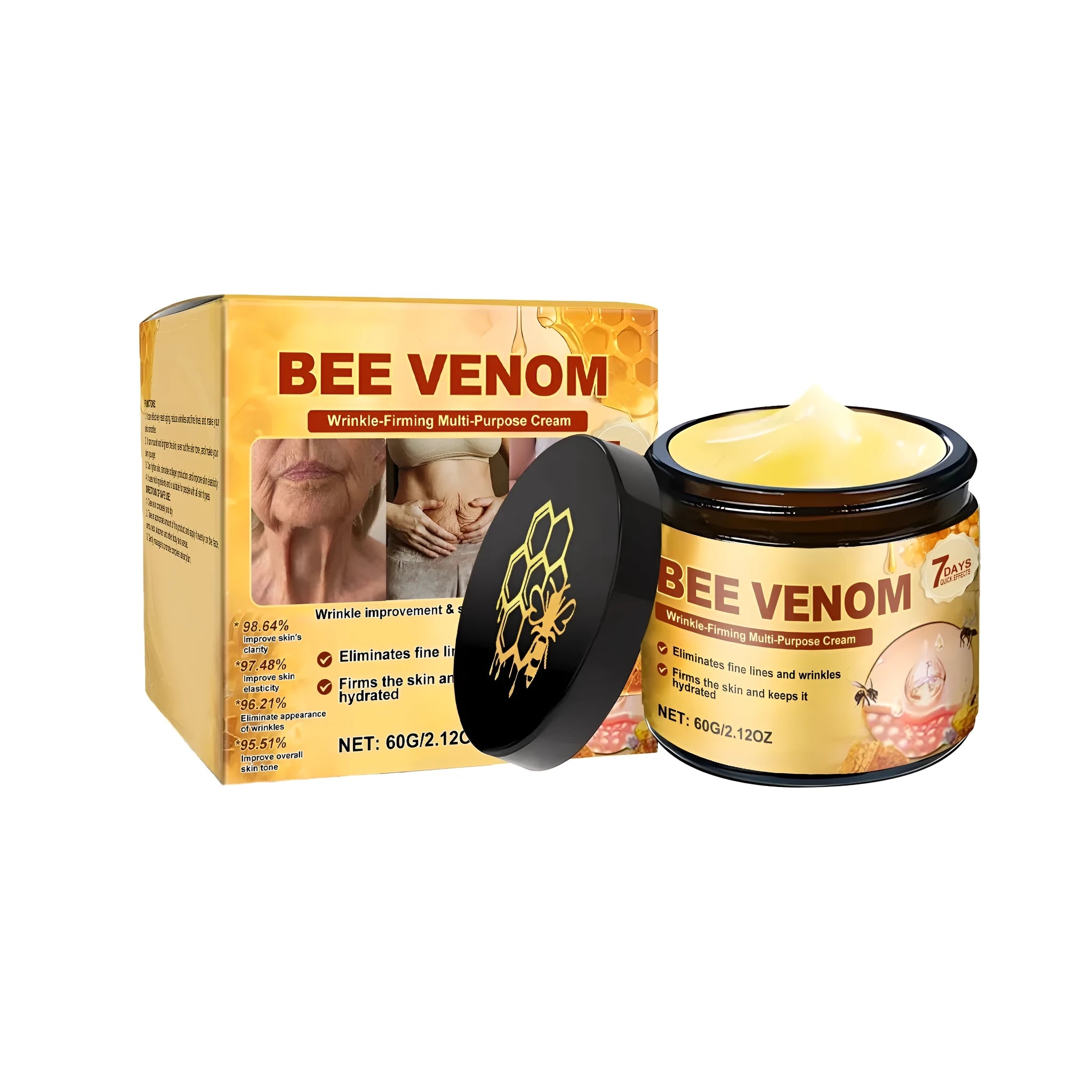 60g jar of anti-wrinkle multi-effect repair cream with a list of ingredients including glycerin and bee venom