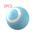 Blue automatic rechargeable moving ball cat toy on a wooden floor.
