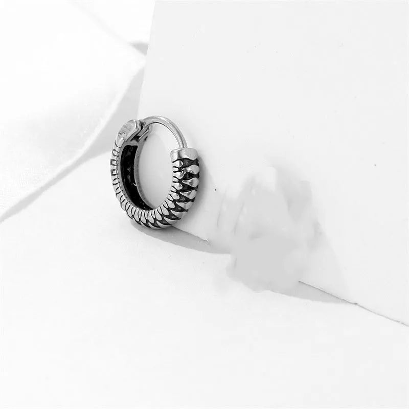 Geometric round titanium steel earrings with retro twist design and silver stripes
