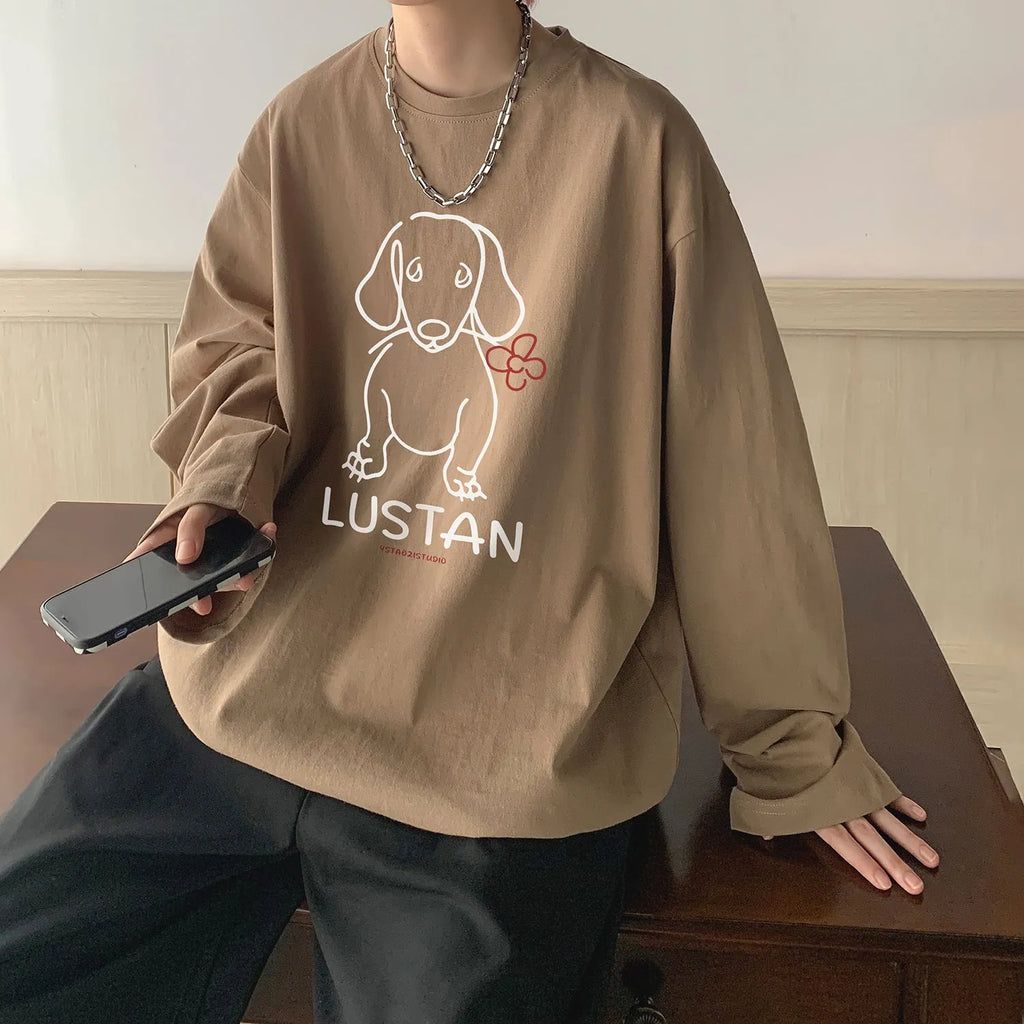 Cotton long sleeve T-shirt with cartoon puppy print, loose fit, in lake blue colour