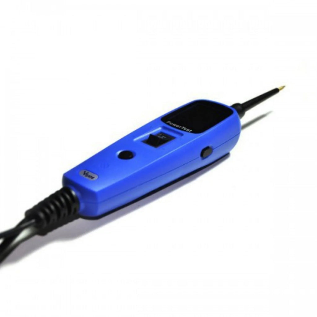 Blue automotive power circuit test pen with TFT colour display and complete diagnostic accessories