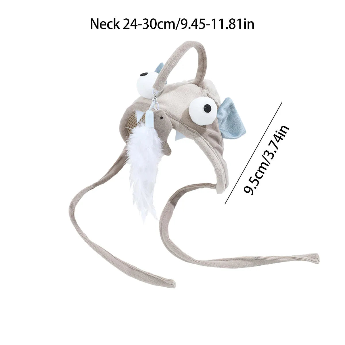 Grey dinosaur-themed cat headband toy with big eyes, a feather teaser, and an adjustable strap for hands-free play.