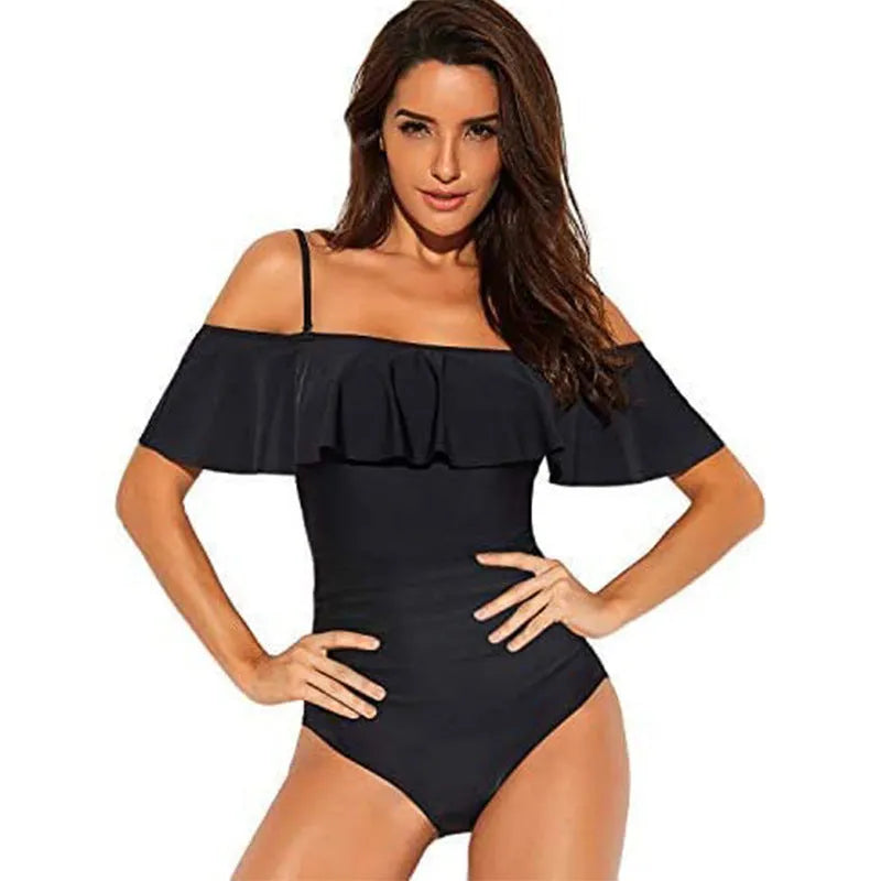 Black women's one-piece cut-out swimsuit with ruffled strap tube top