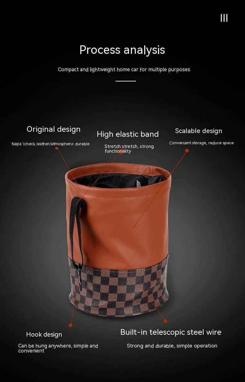 Leather retractable car trash can with handle for vehicle interior