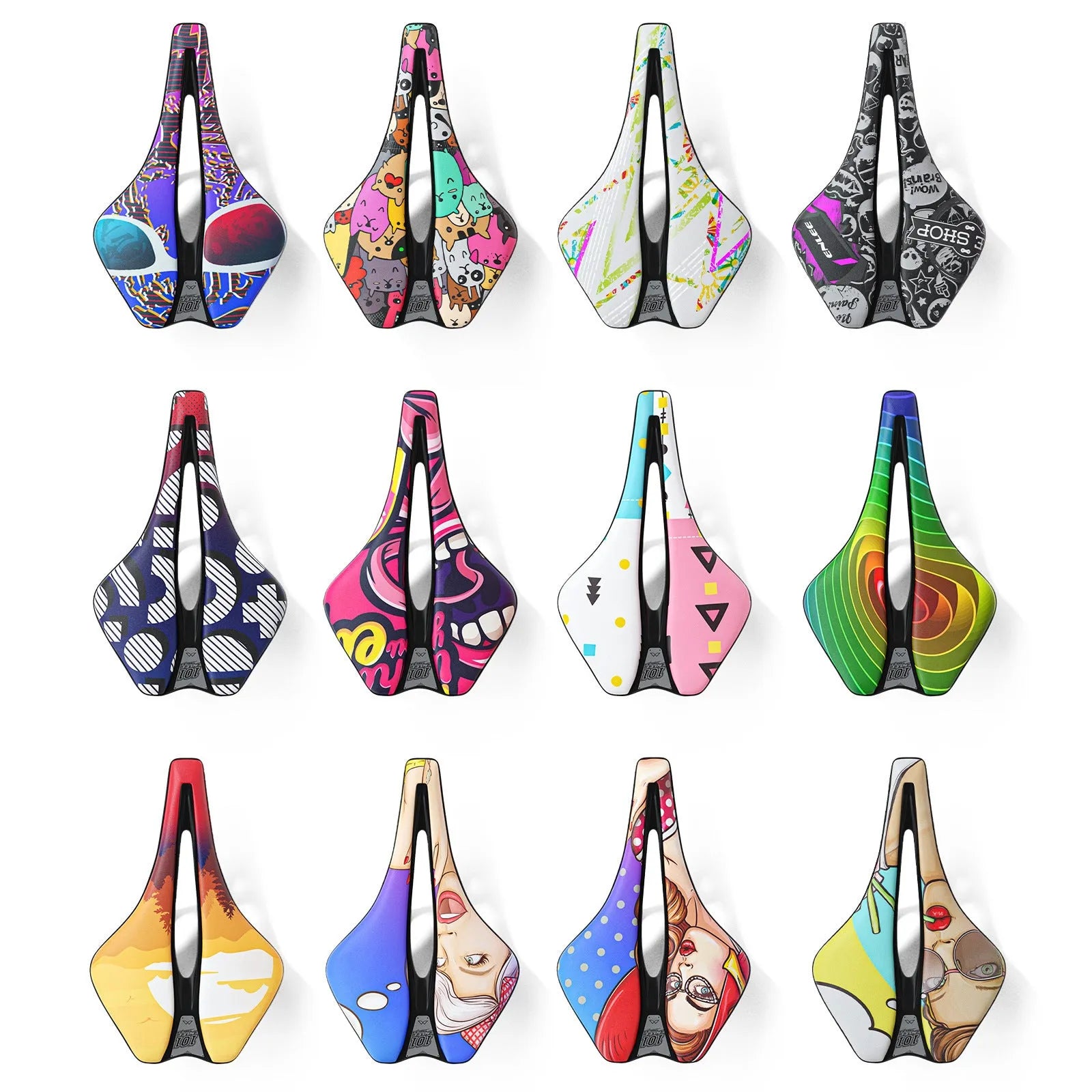 Bicycle seat cushion with PU leather cover and hollow centre design shown in multiple colour options