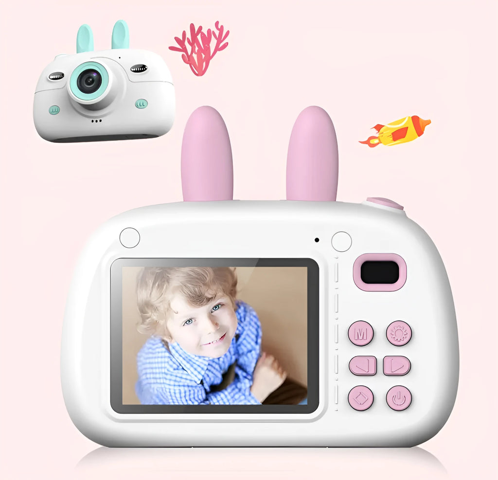 Cartoon rabbit video recorder kids camera with 1080P dual camera, dual flash, 650mAh battery, in green or pink