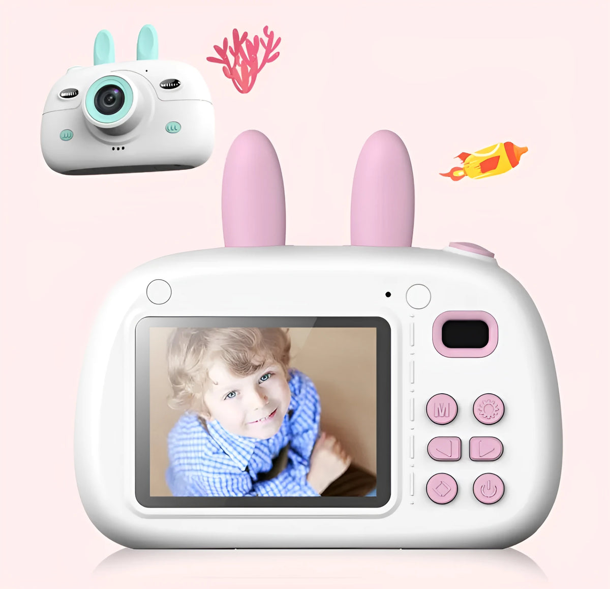 Cartoon rabbit video recorder kids camera with 1080P dual camera, dual flash, 650mAh battery, in green or pink