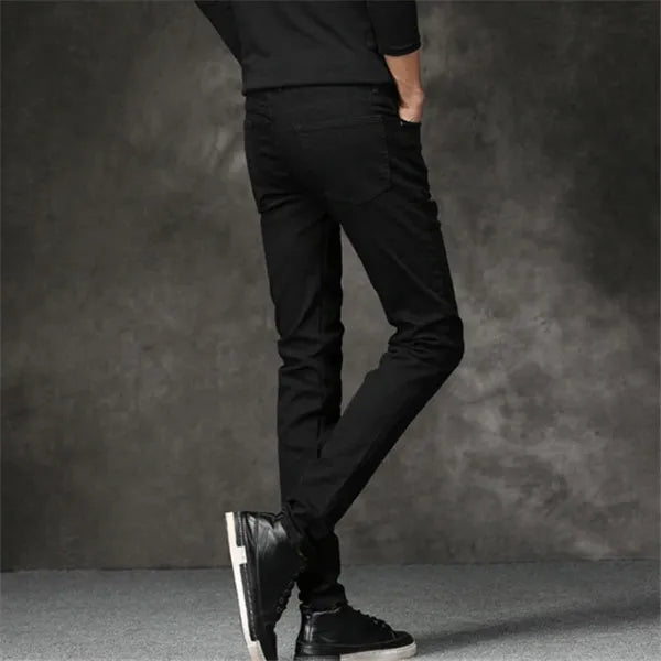 Black slim-fit stretch men's cotton pants, tight cut, sizes 27 to 36 with full cm size chart