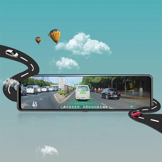 Black rearview mirror car dash camera with dual lenses for front and rear recording.