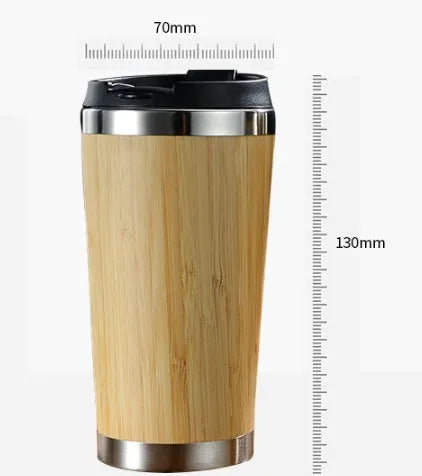 Bamboo insulated coffee cup with stainless steel interior and leak-proof lid, 420ml capacity
