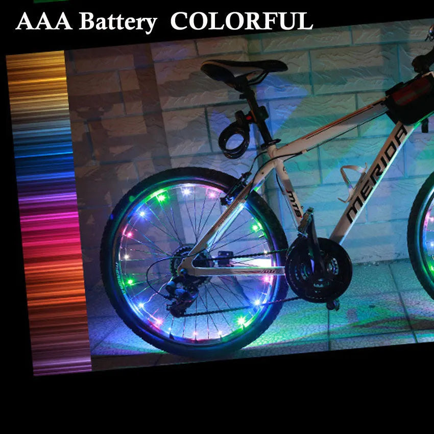 Black LED mountain bike spoke light with 2200mm lamp attached to spokes