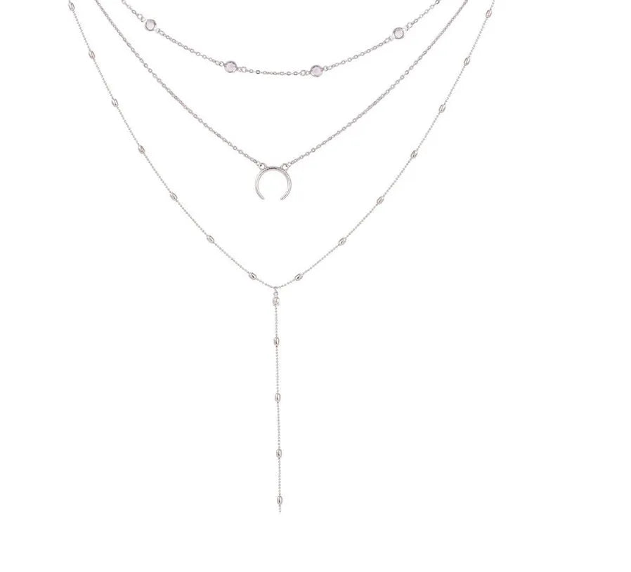 Fashion multilayer crescent moon choker necklace with bead chain initial pendant in gold finish